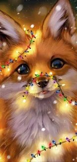 Festive fox adorned with colorful lights in a snowy backdrop.