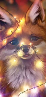 Cute fox wrapped in festive Christmas lights on wallpaper.