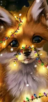 Festive fox wrapped in colorful holiday lights.