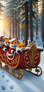 Festive foxes enjoying a sleigh ride in a snowy forest.