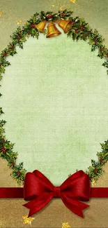 Festive green wallpaper with wreath and red ribbon.