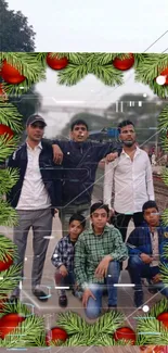 Group of friends with festive decorations in outdoor setting.