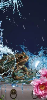 Festive frog with flowers and ornaments on a dark blue background.