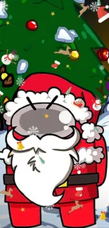 Festive game character dressed as Santa with Christmas tree in the background.