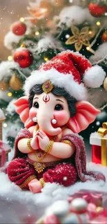 Ganesha statue in Santa hat with Christmas gifts and decor.