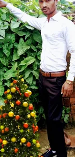 Man with festive decorated tree in lush garden setting.