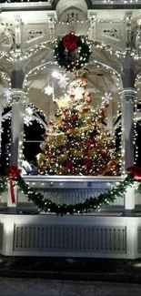 Festive gazebo with Christmas lights and decorations at night.