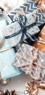 Festive wrapped gifts and ornaments wallpaper with a silver theme.