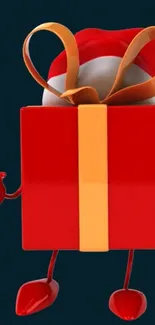 A cheerful gift box with red and orange ribbons against a dark background.