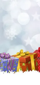 Festive wallpaper with colorful gift boxes and snowflake accents.