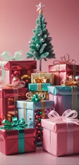 Stack of colorful gift boxes with a mini Christmas tree on top.