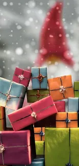 Festive wallpaper with colorful gifts and snowy background.