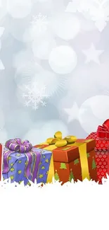 Festive holiday wallpaper with colorful gift boxes on snowy backdrop.