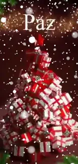 Festive Christmas tree made of red and white gifts with snowfall effect.