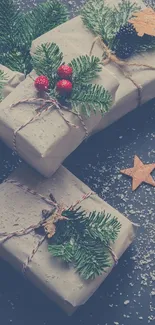 Festive wrapped gifts on a snowy background with stars.