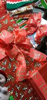 Christmas gifts with red wrapping paper and ribbons