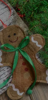 Charming gingerbread man with holiday decor in festive setting.