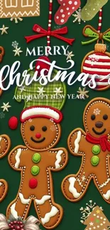 Festive gingerbread men with Christmas decorations on a green background.