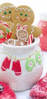 Festive gingerbread cookies with candy canes in a Christmas-themed jar.