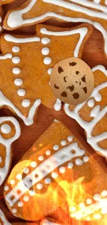 Festive gingerbread cookies with icing on a wooden background.