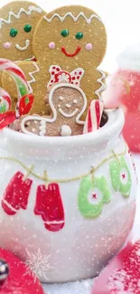 Festive Christmas wallpaper with gingerbread and candy.