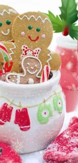 Festive gingerbread cookies in a decorative jar with Christmas elements.