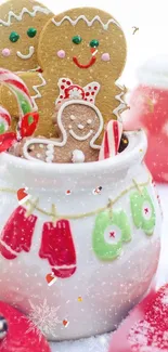 Festive gingerbread cookies with candy canes in a seasonal setting.