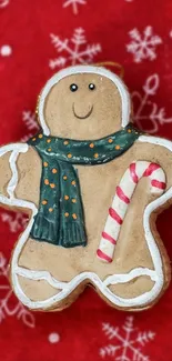 Gingerbread man with candy cane on red background.