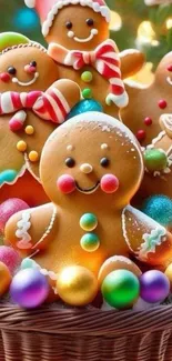 Gingerbread cookies in a festive basket with colorful Christmas decorations.
