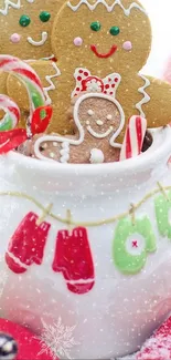 Gingerbread cookies in a festive ceramic jar with candy canes.