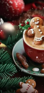 Gingerbread man on holiday coffee cup with festive design.