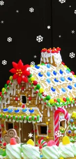 Vibrant gingerbread house with colorful candy decorations against a dark background.