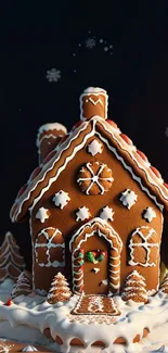 Festive gingerbread house with icing and decorations on a wintery background.