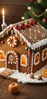 Gingerbread house decorated with candies and Christmas tree lights.