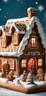 Gingerbread house with icing and gingerbread people, perfect for festive decoration.