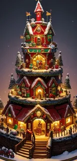 Festive gingerbread house with lights and snow, perfect for Christmas wallpaper.