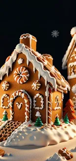 Festive gingerbread house with snowy icing details and candy decorations.