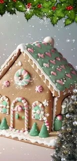 Festive gingerbread house with holiday decor background.