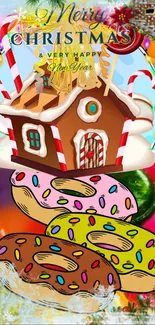 Festive gingerbread house and colorful donuts with holiday decorations.