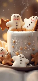 Festive gingerbread cookies in a cozy decorative mug with star accents.