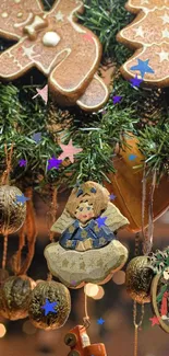 Festive gingerbread ornaments hanging with greenery.