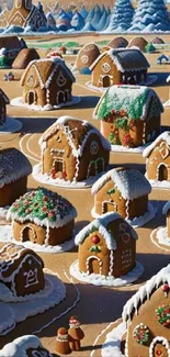 Gingerbread houses in a snowy landscape creating a festive village.