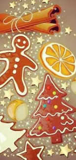 Festive wallpaper with gingerbread cookies, oranges, and cinnamon sticks.