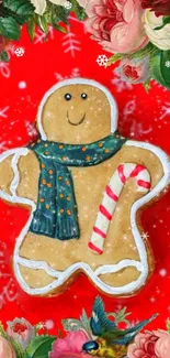 Vibrant gingerbread man with festive red background.