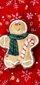 Gingerbread man on red background with snowflakes.