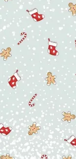 Festive mobile wallpaper with gingerbread men, stockings, and candy canes.