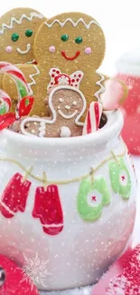 Festive gingerbread cookies in jar with holiday candy and snowy background.