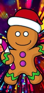 Gingerbread man with candy cane and vibrant festive lights.