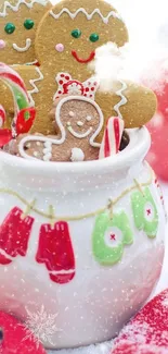 Gingerbread cookies with candy canes in a festive holiday design.