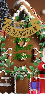 Gingerbread house Christmas wallpaper with Santa and festive decorations.